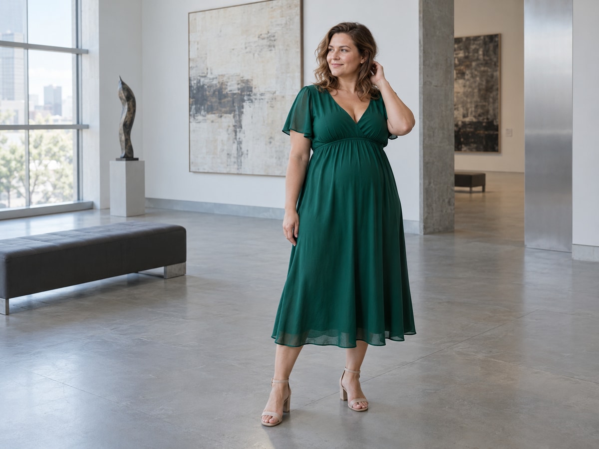 Woman in an emerald empire-waist midi dress standing in a bright gallery