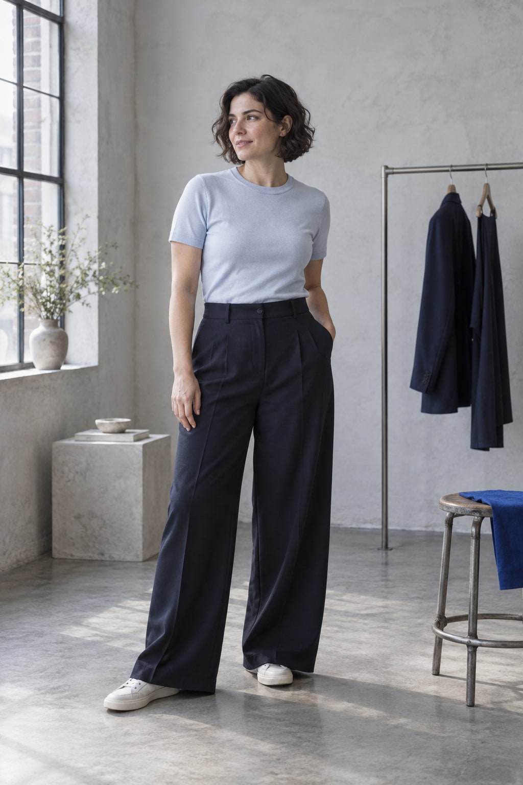 Relaxed navy trousers and a pale blue top in a daylight atelier