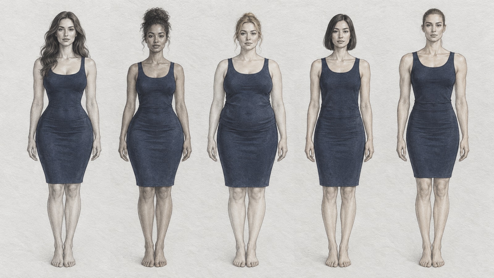 Five front-facing fashion figures showing hourglass, pear, apple, rectangle, and inverted-triangle proportions from left to right