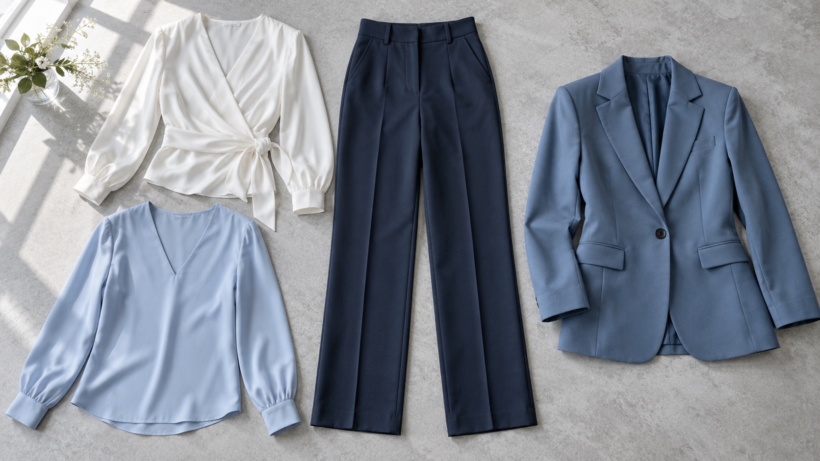 Flat lay showing a wrap top, V-neck blouse, high-rise straight trousers and structured blazer
