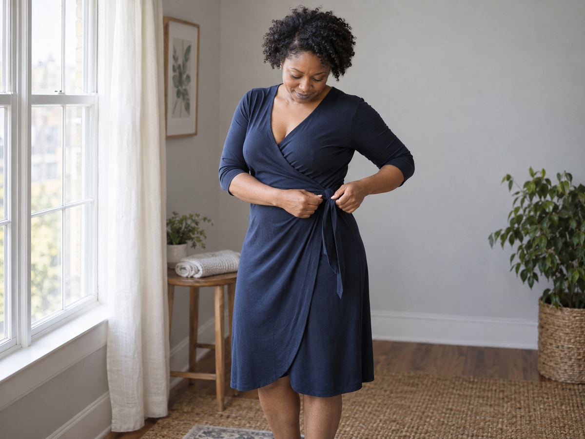 Woman adjusting the waist tie of a navy wrap dress beside a window