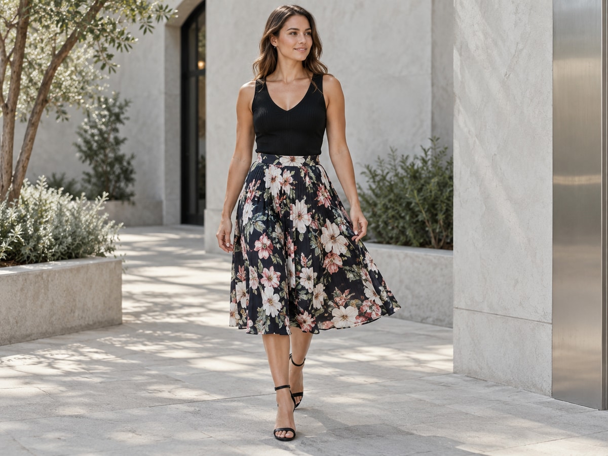 Woman in a black V-neck knit top and a full floral pleated skirt walking through a courtyard