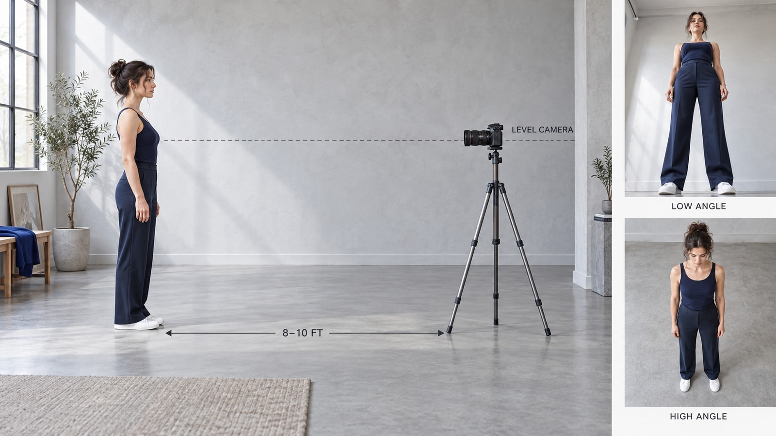 Side-view camera setup with a level tripod about 8 to 10 feet from a person, beside low- and high-angle comparisons