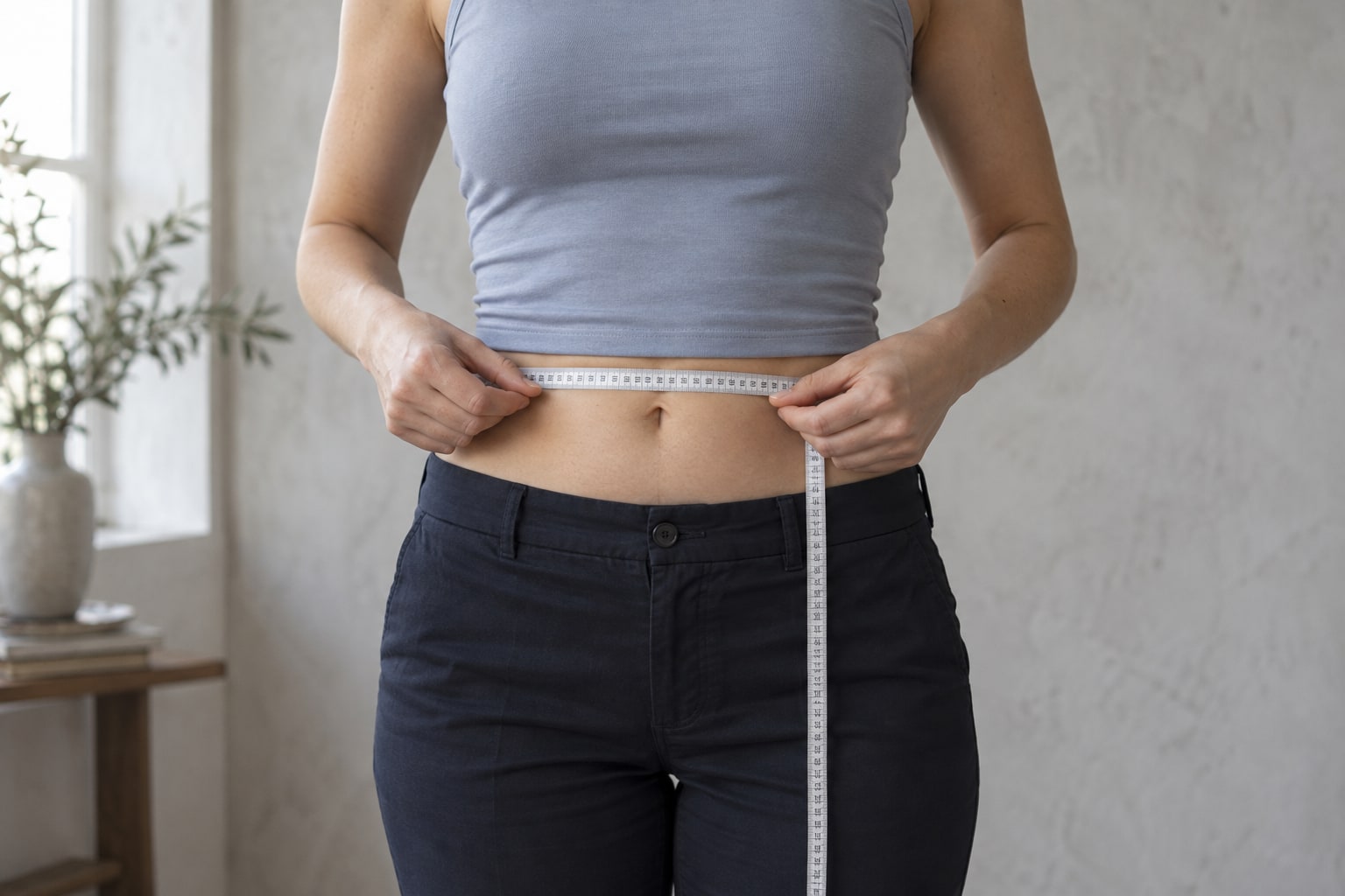 A flexible measuring tape held level around the natural waist