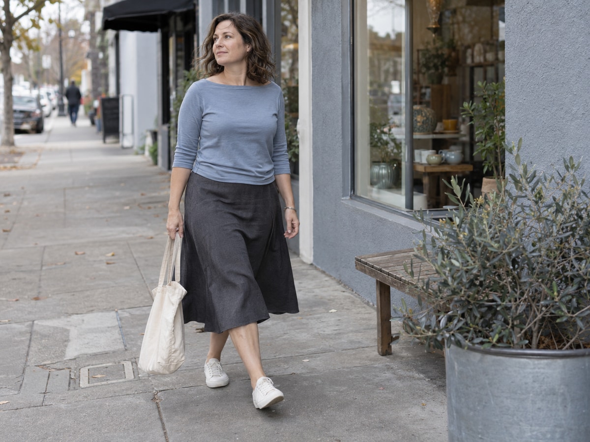 Woman walking past a shop in a slate-blue boatneck top and charcoal A-line skirt
