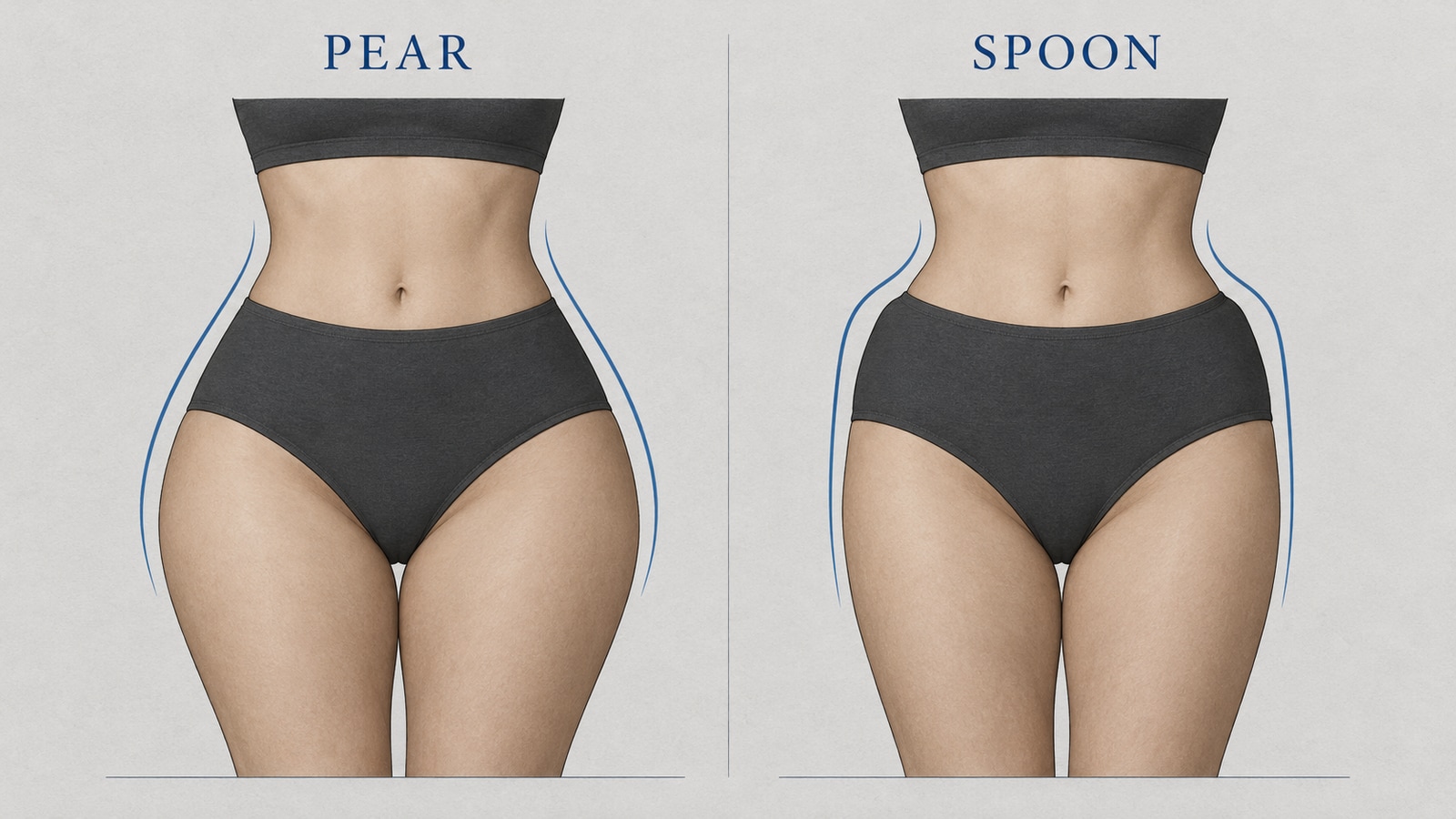 Side-by-side illustrations of a gradual pear hip curve and a fuller high-hip spoon curve