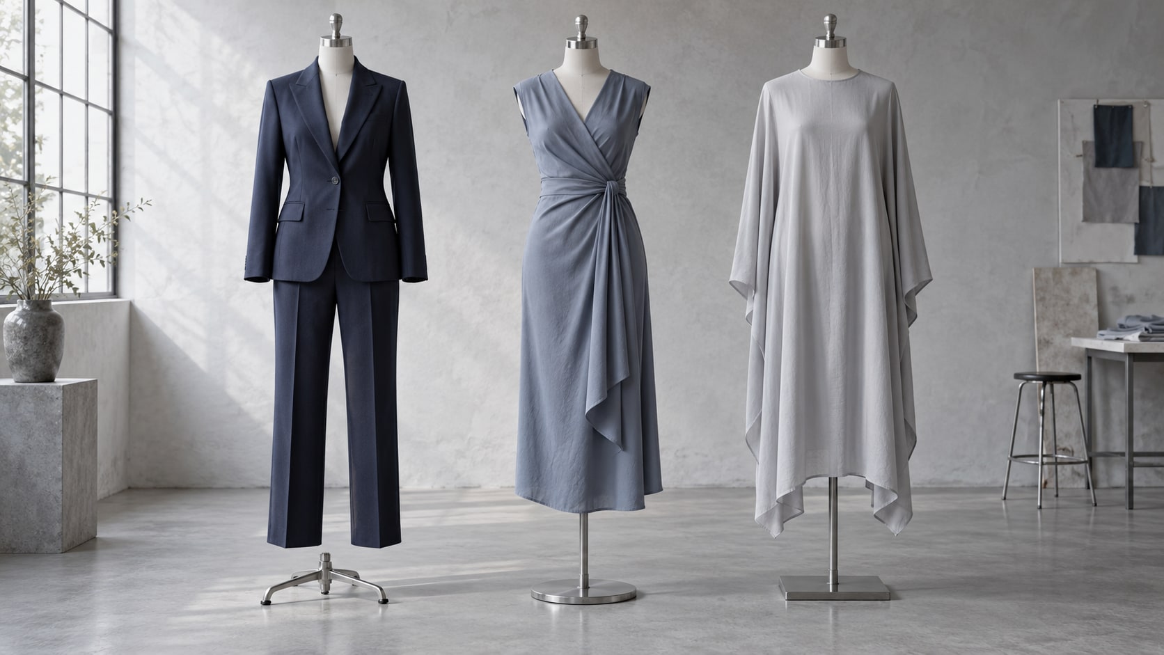 Three dress forms compare a structured navy suit, a blue wrap dress and a fluid grey tunic